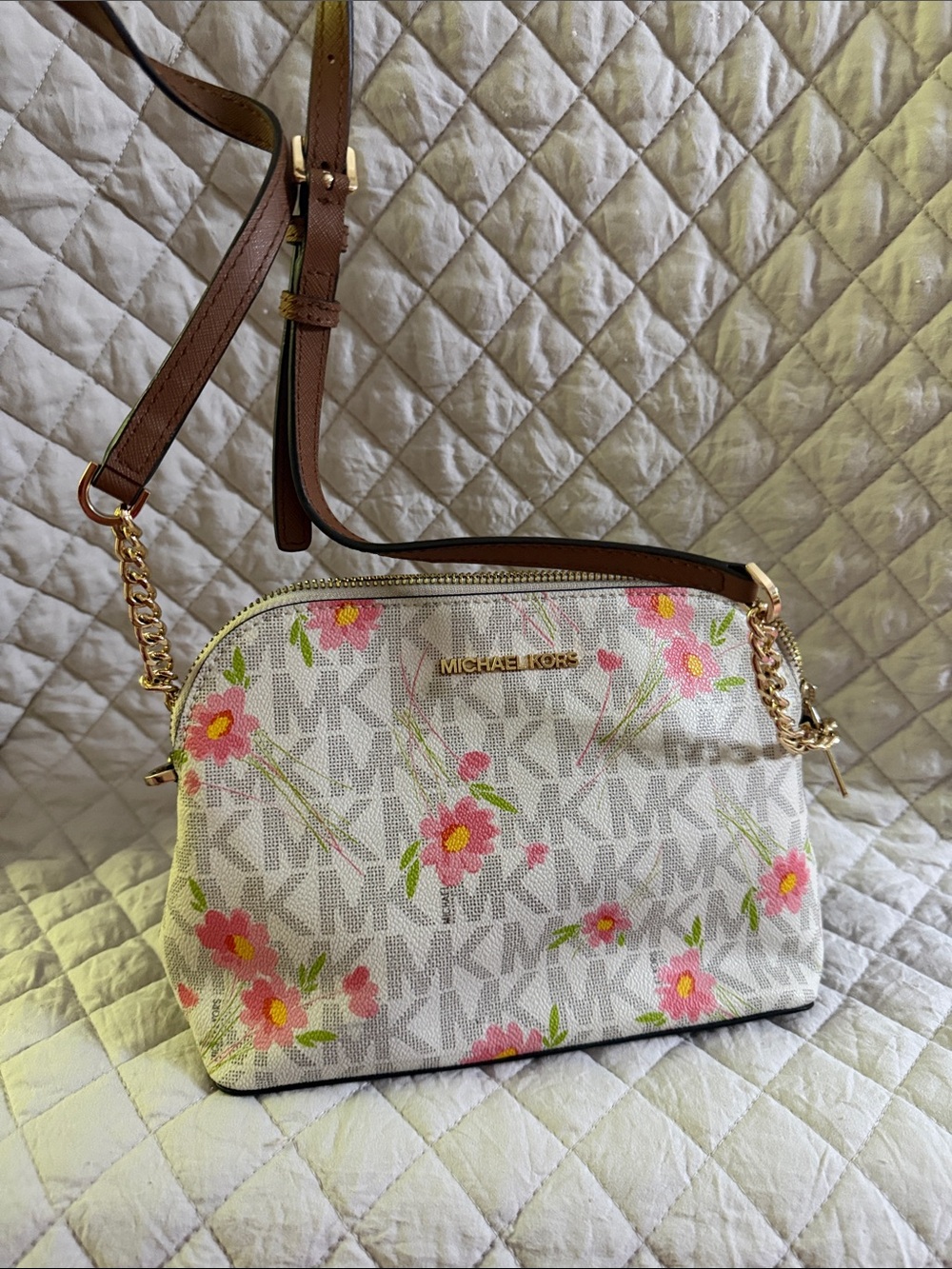 Michael Kors Cream Floral Logo Crossbody with Brown Strap